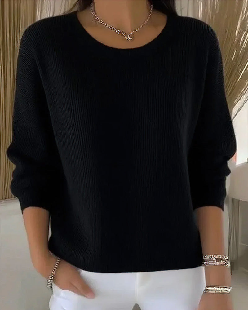 Solid Round Neck Drop Shoulder Jumper