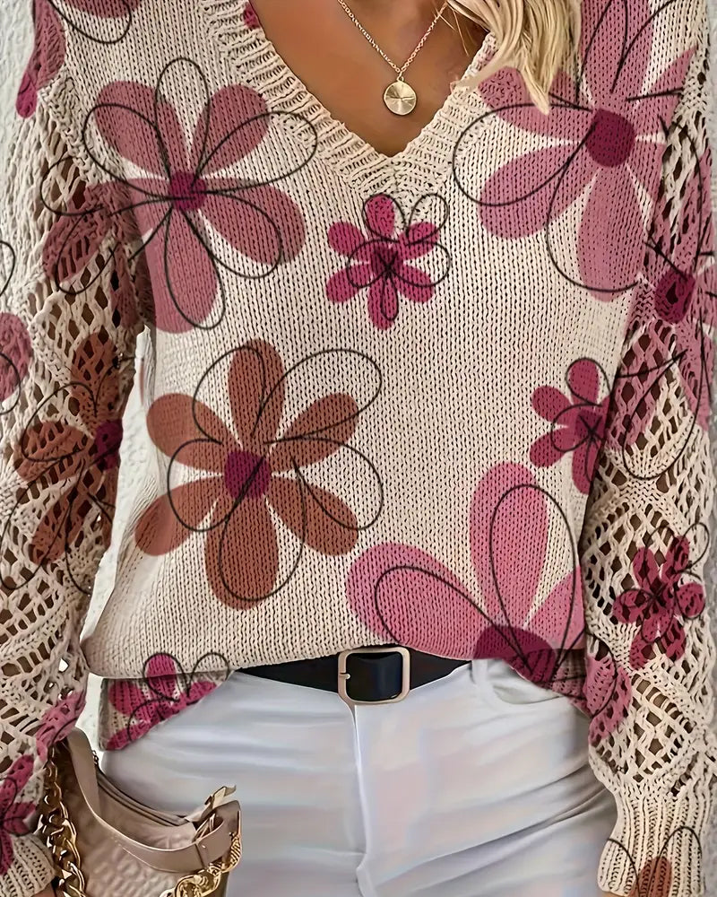 V-Neck Openwork Knit Sweater