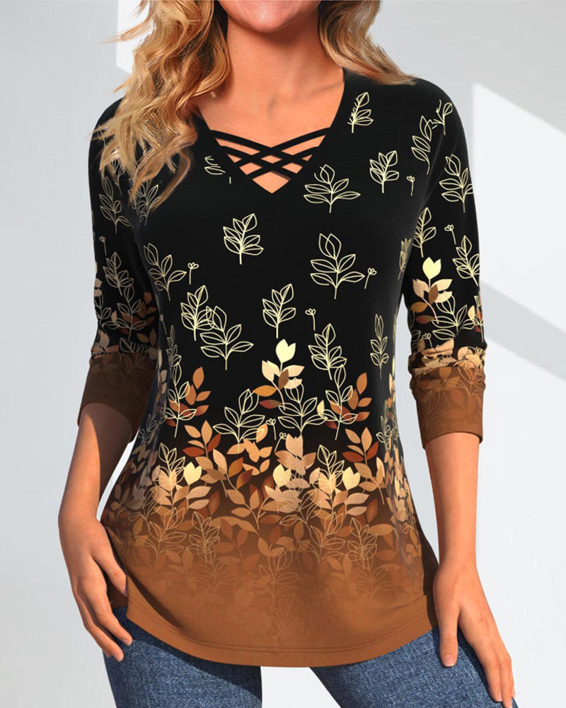 Long Sleeve Leaf Print Tops