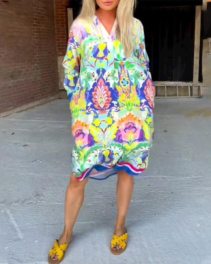 Printed Loose V-Neck Dress