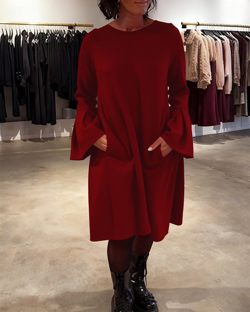 Solid Flare Sleeve Shirred Dress