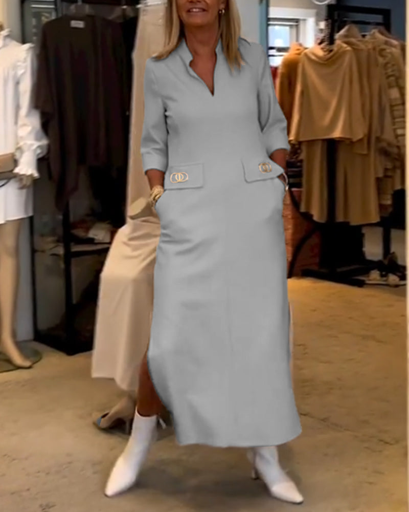 Solid color 3/4 sleeve slit dress