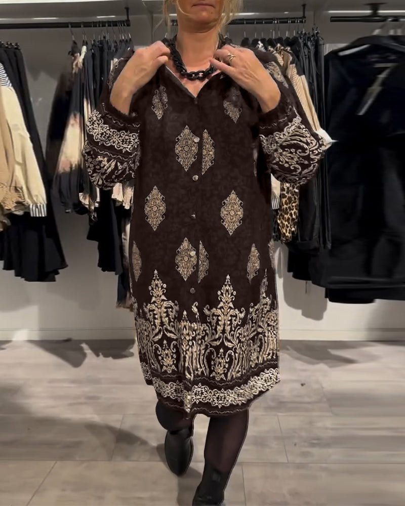 Lapel button-down vintage print dress