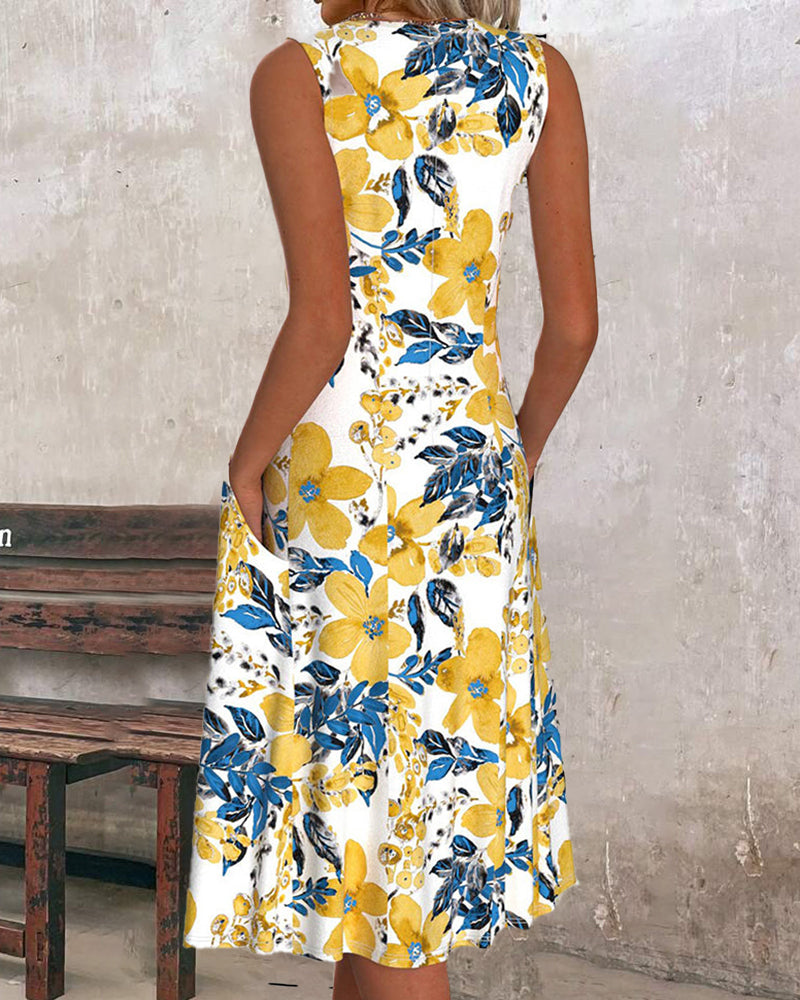 Floral print sleeveless pocket dress
