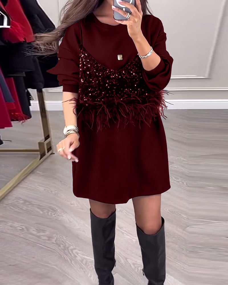 Fashion solid color sequin feather patchwork dress