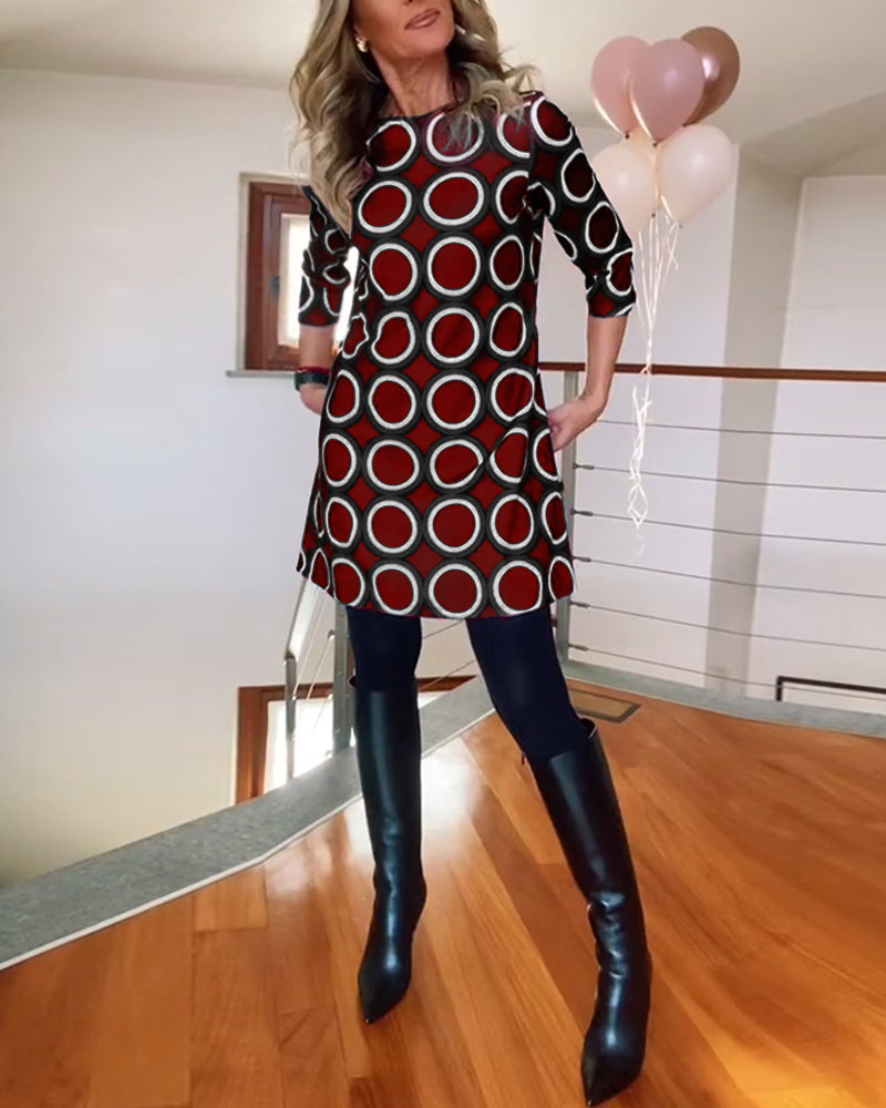 Round neck circle print casual dress