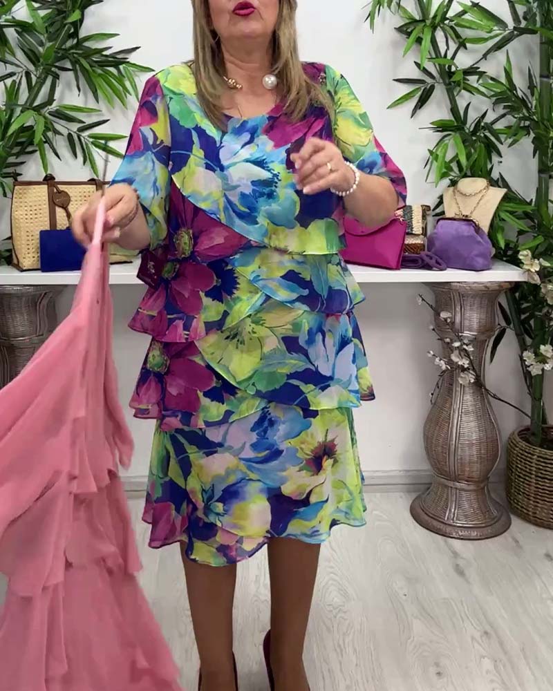 Floral print round neck ruffled half-sleeve dress