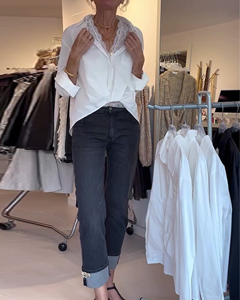 Lapel Solid Long-Sleeved Shirt And Lace Inner Set