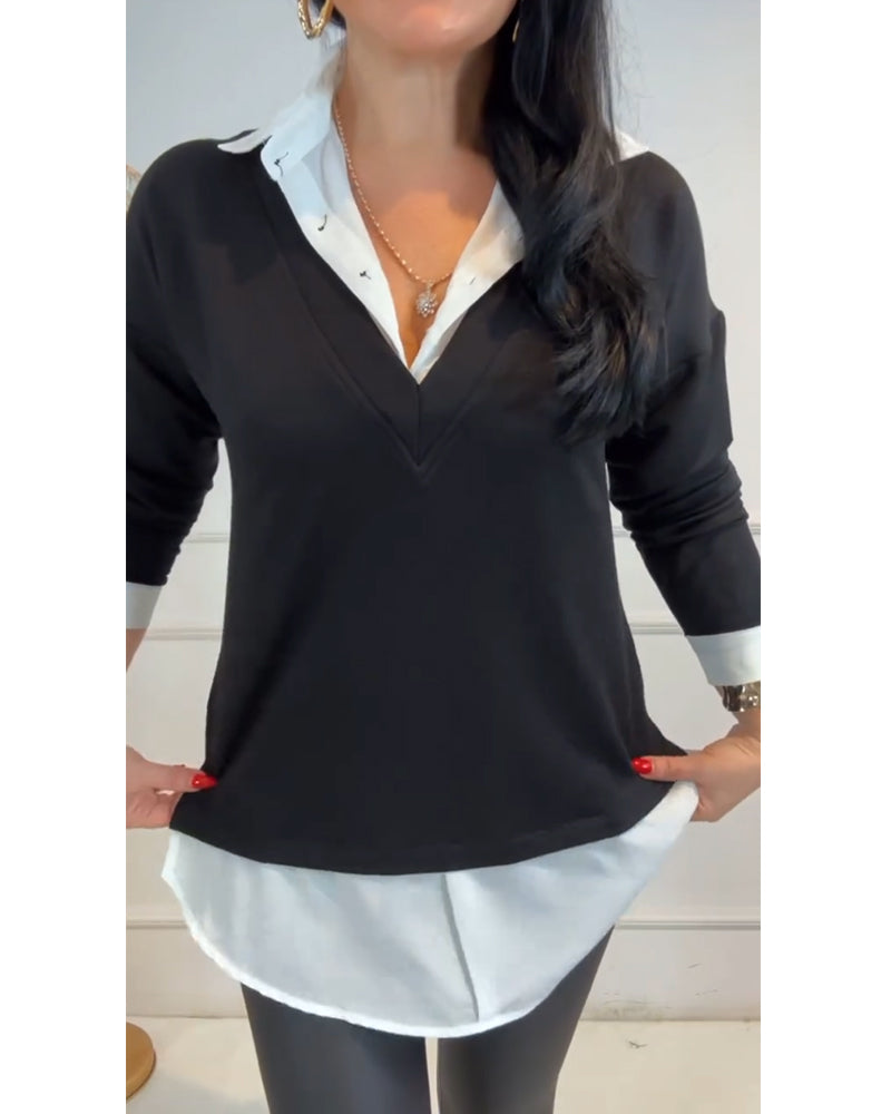 Lapel Black And White Patchwork Top