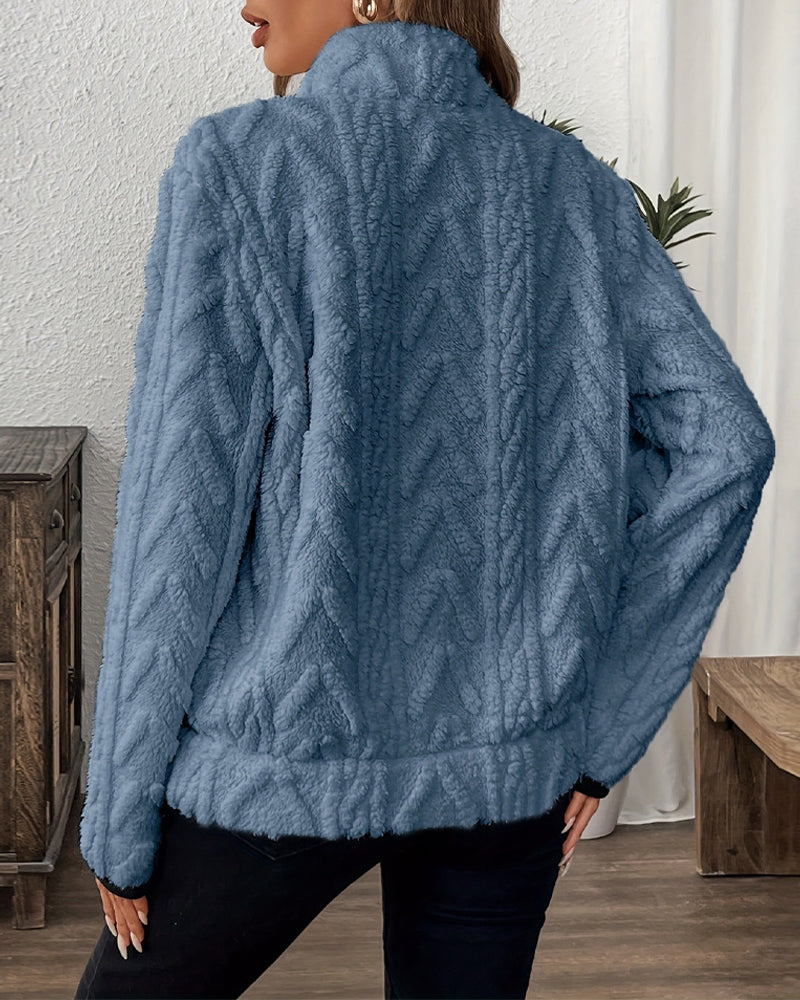 Lapel Zipper Front Fuzzy Sweatshirt