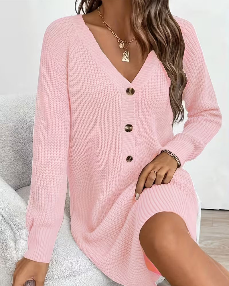 Button-Down V-Neck Fashion Sweater Dress