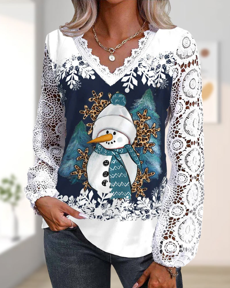 Lace snowman long-sleeve blouse