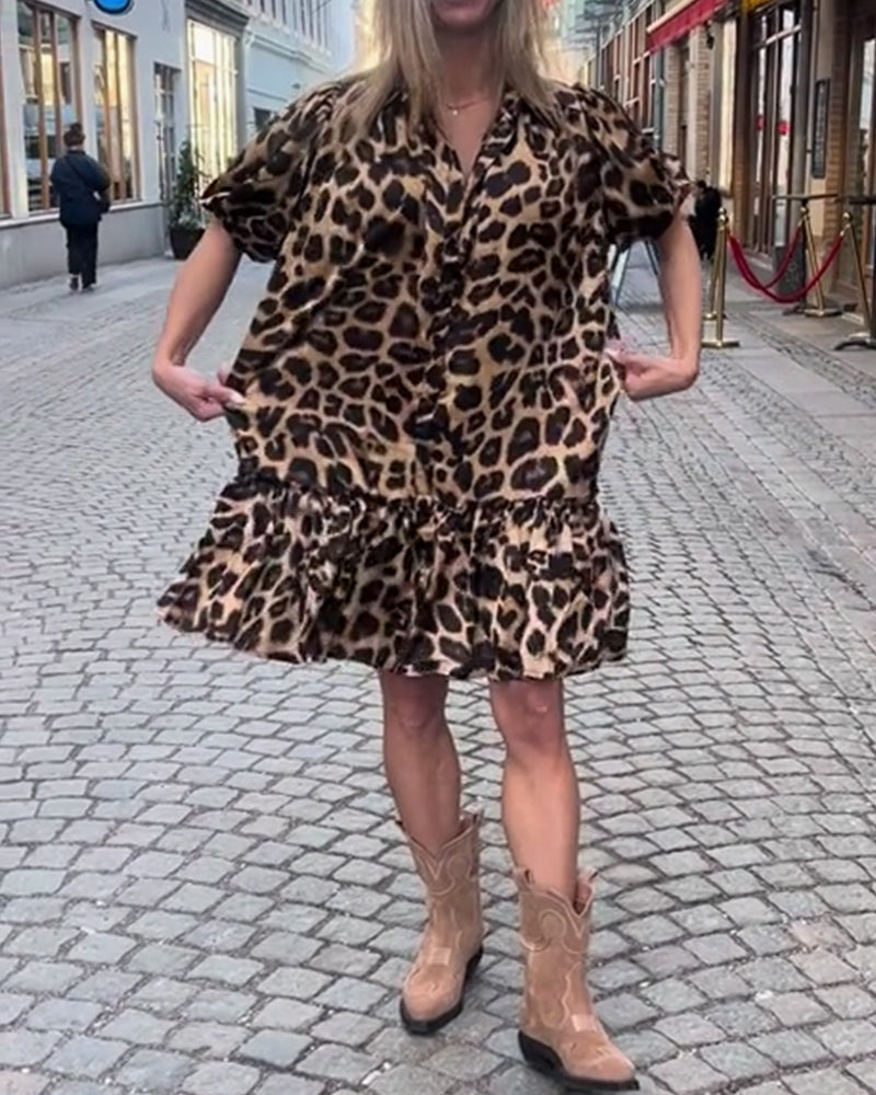 Puff-Sleeved Leopard Print Dress