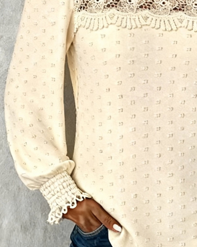Jacquard Lace Patchwork Round Neck Top