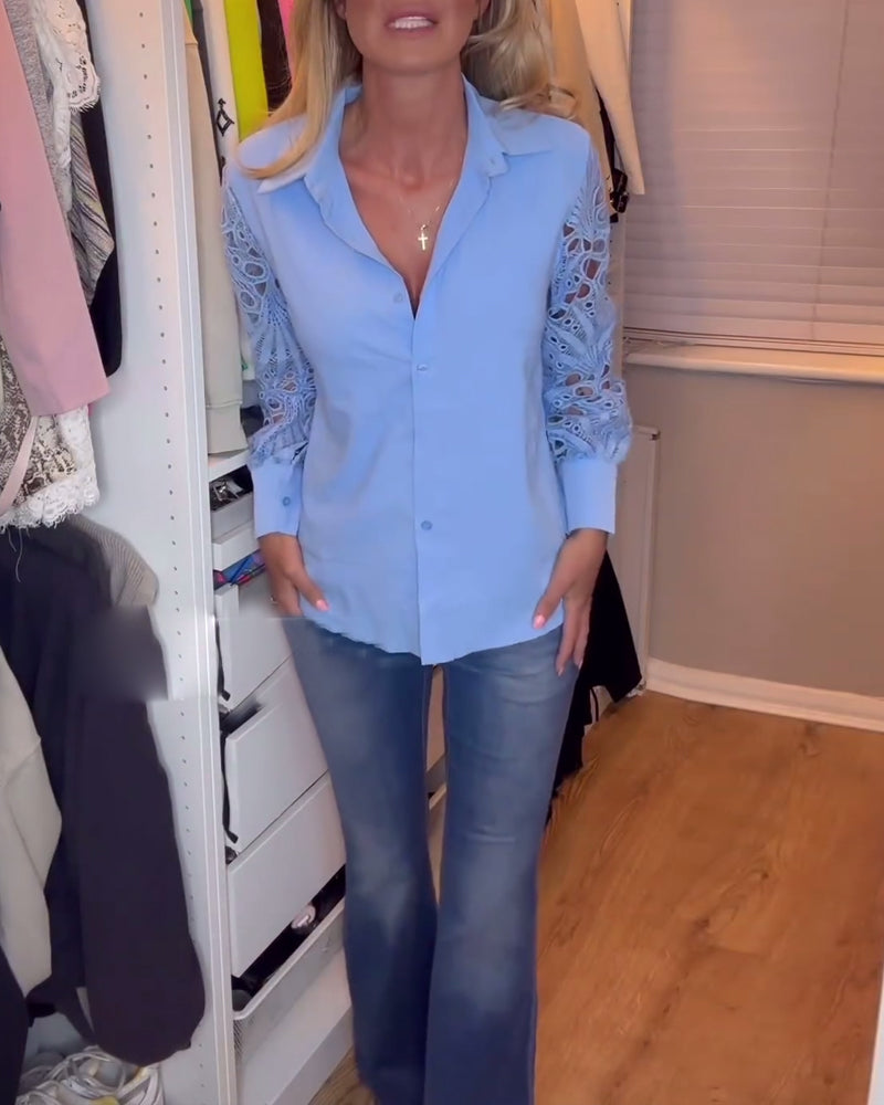 Lapel lace sleeve solid color shirt