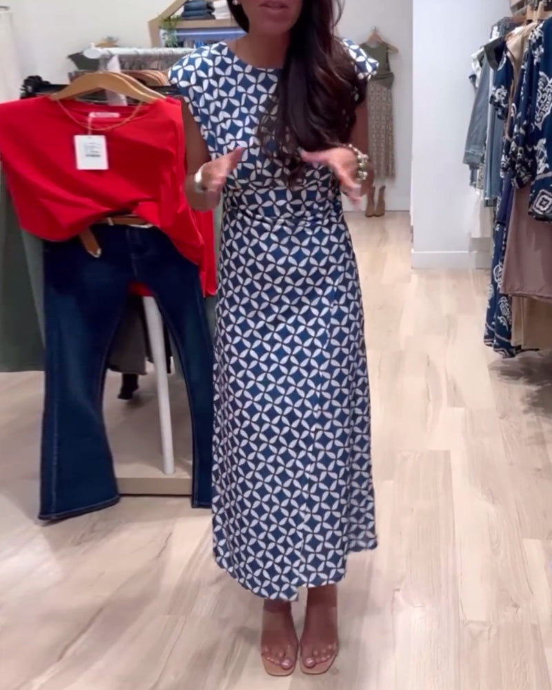 Geometric print round neck sleeveless elegant dress