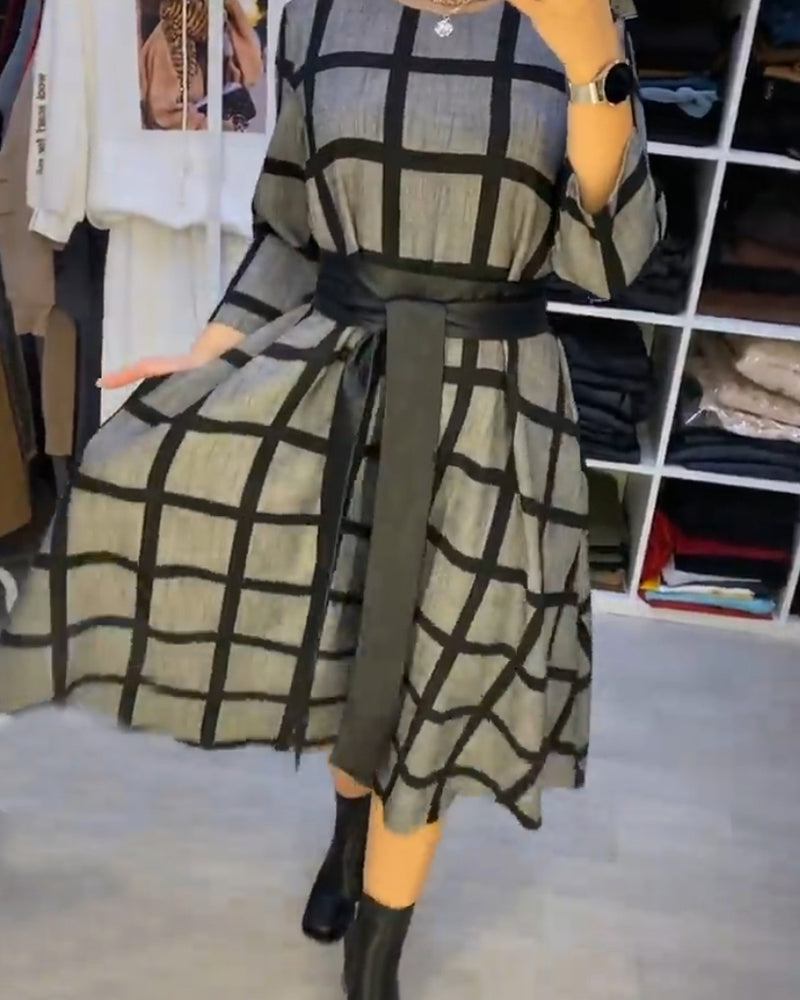 A-Line Plaid Dress with Round Neck