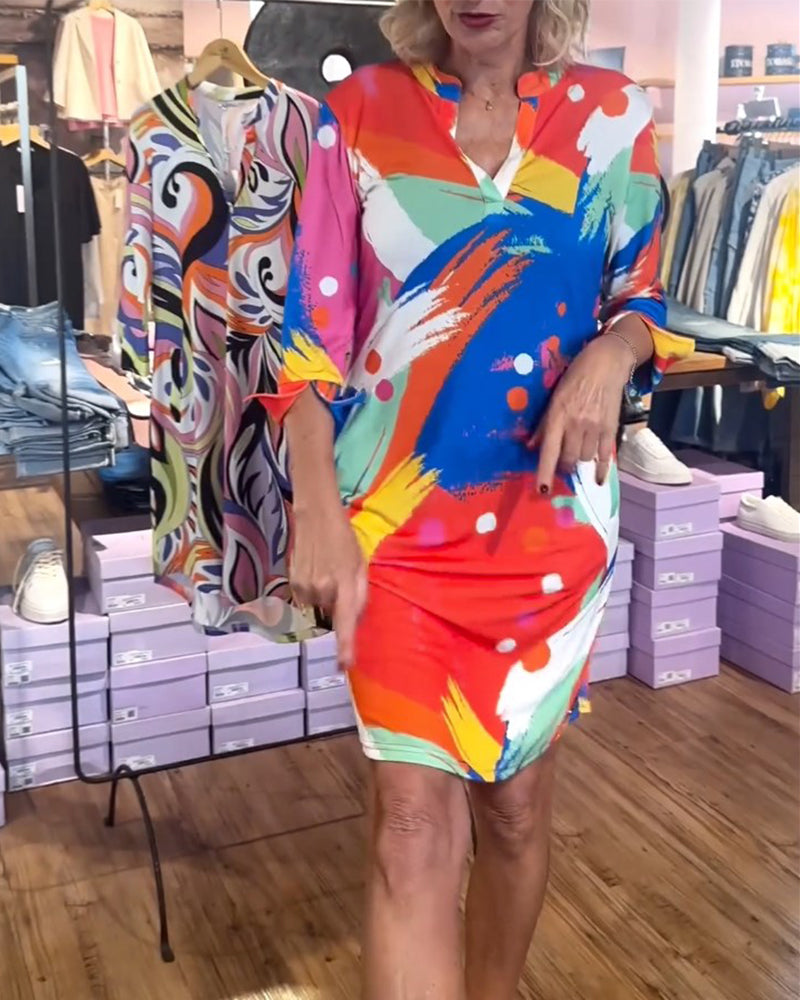 Colorful printed V-neck elegant dress