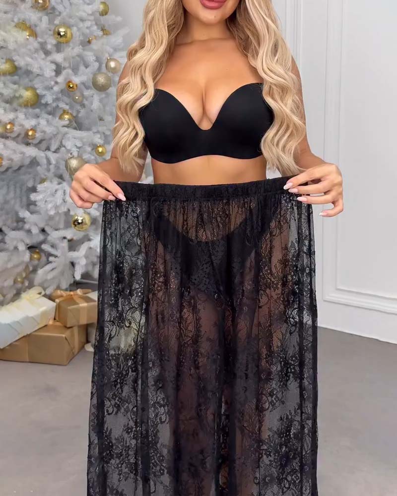 Deep V Fashionable Lotus Lace Skirt Set