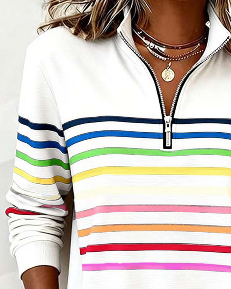 Half-Zip Collar Fashionable Rainbow Striped Sweatshirt