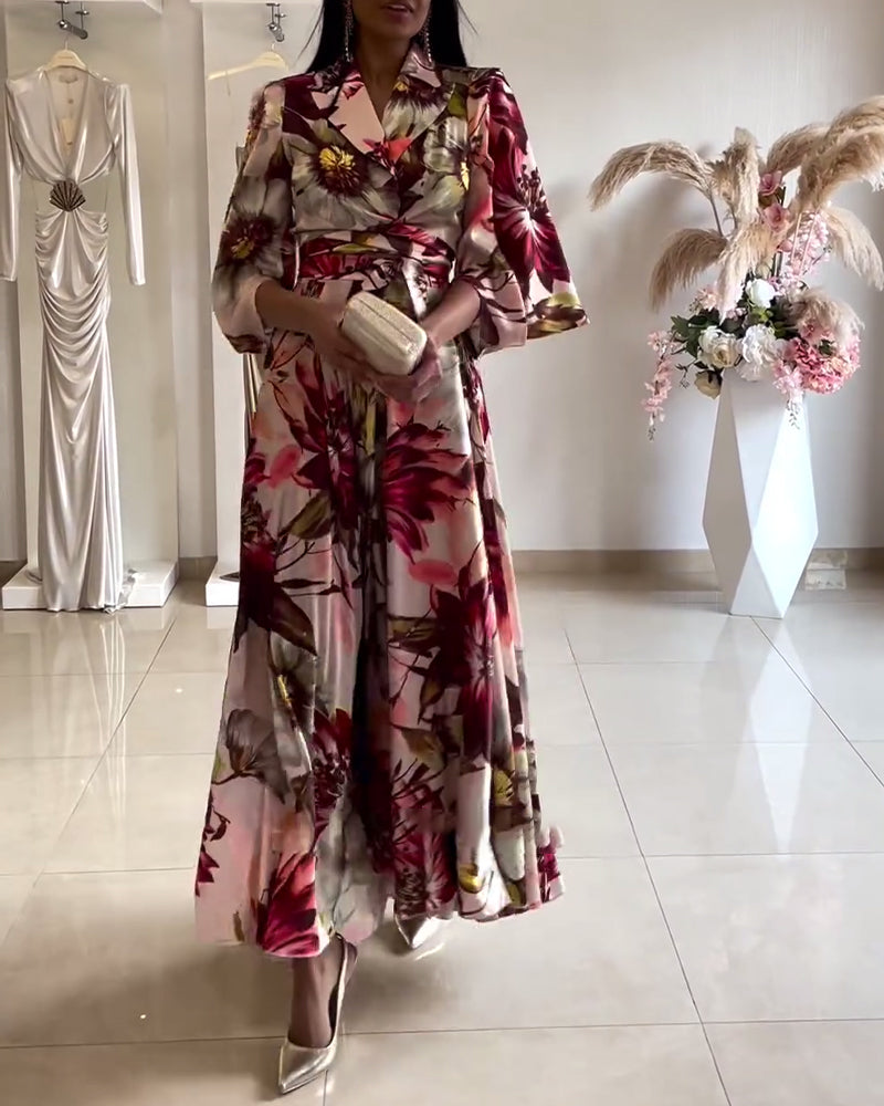 Floral print lapel three-quarter sleeve lace-up dress