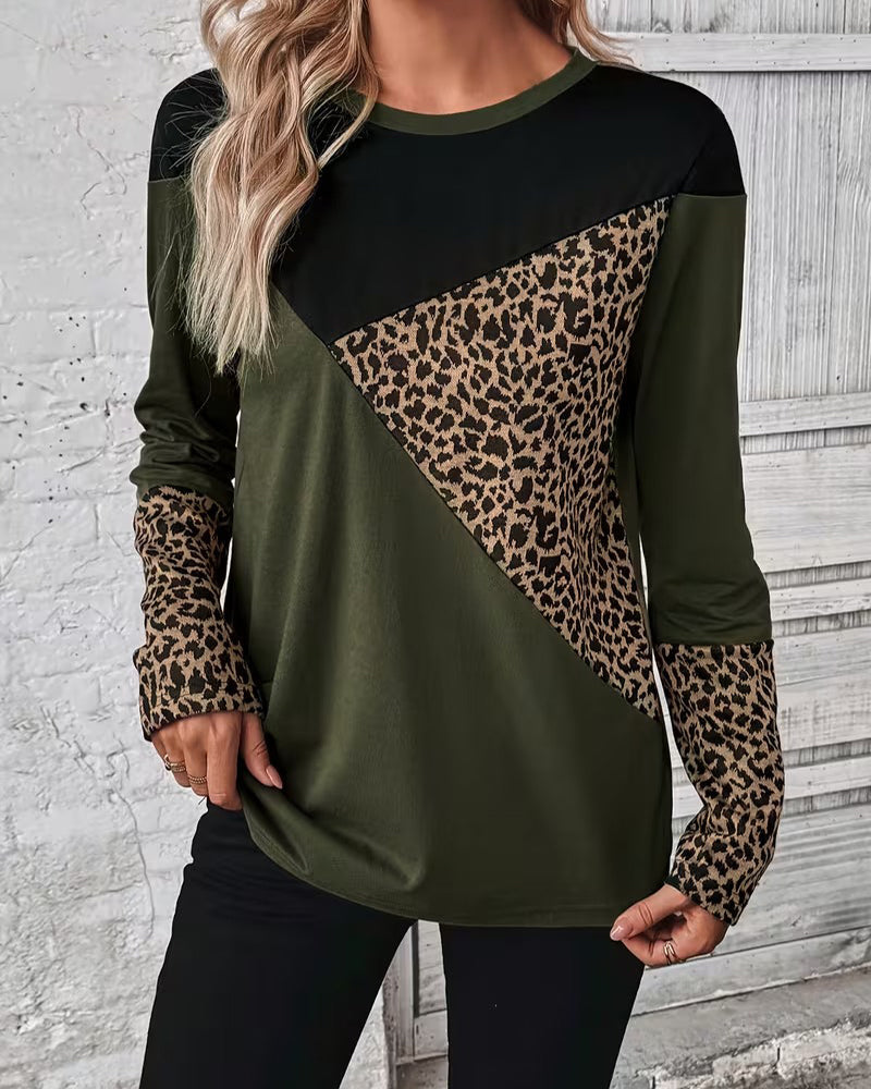 Round Neck Leopard Print Color-Blocked Top