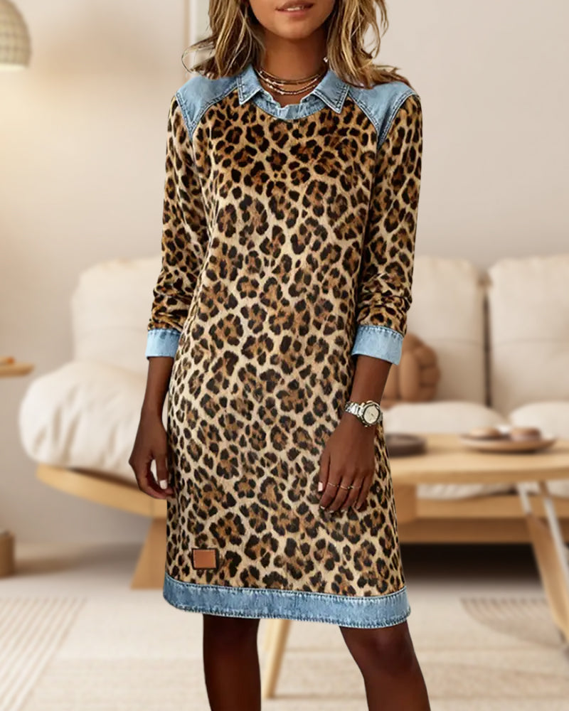 Lapel Leopard Print Shift Dress