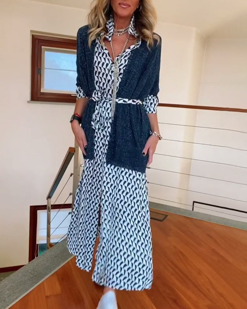 Geometric print lapel slit dress