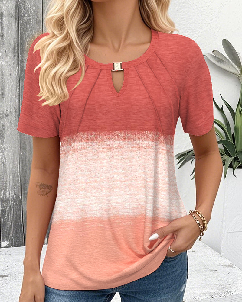 Round Neck Contrast Short Sleeve Blouse