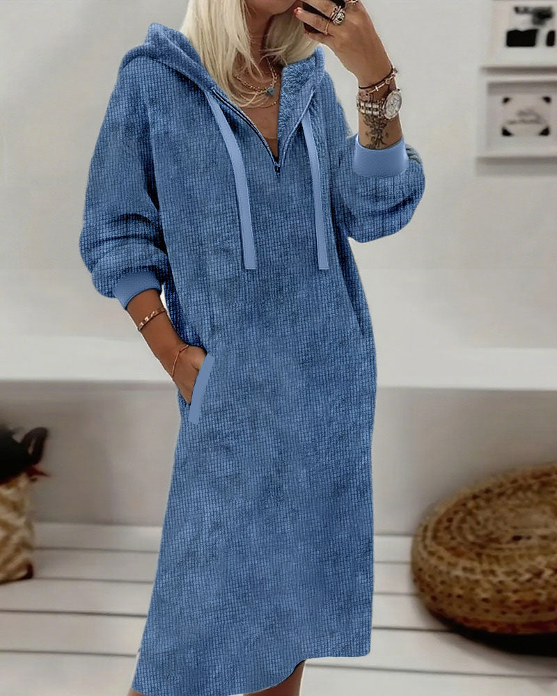 Fleece Waffle-Knit Casual Sweatshirt Dress