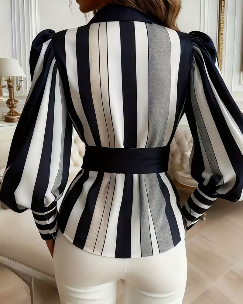 Puff-Sleeved Striped Collared Blouse