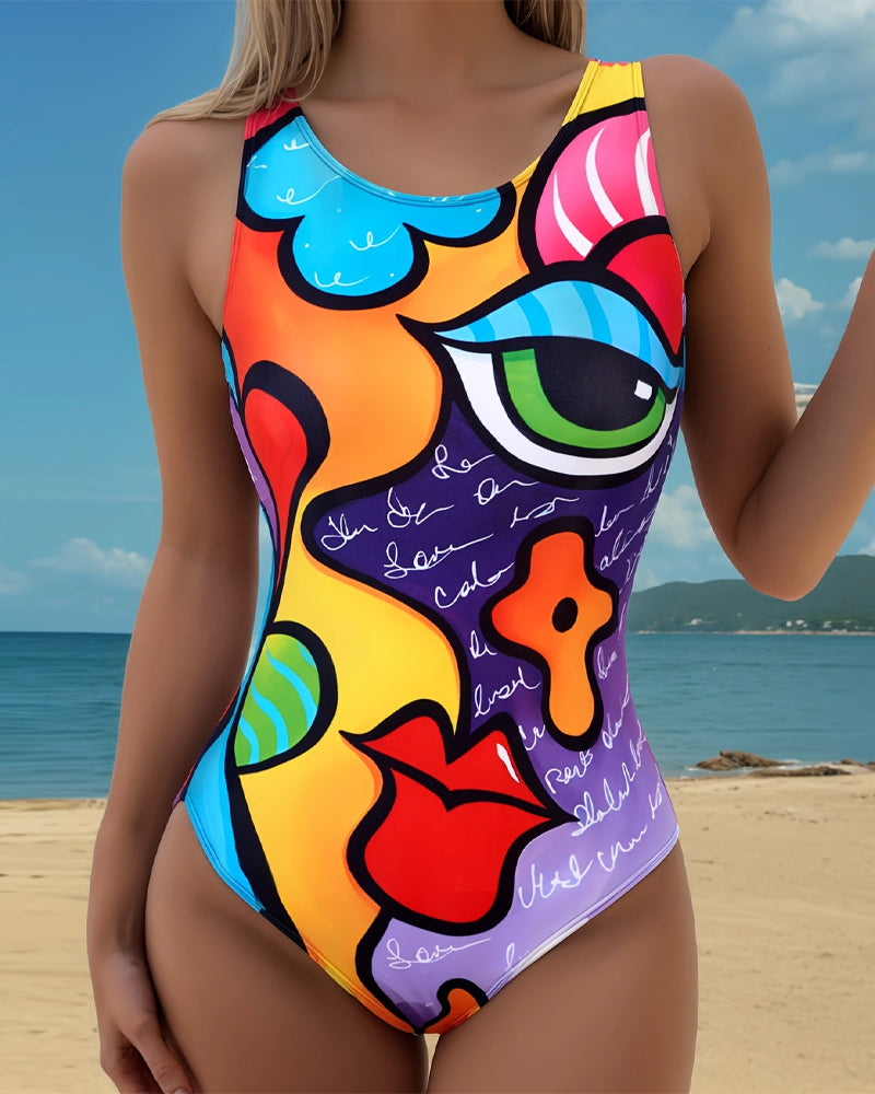 Sleeveless Printed One-Piece Swimsuit