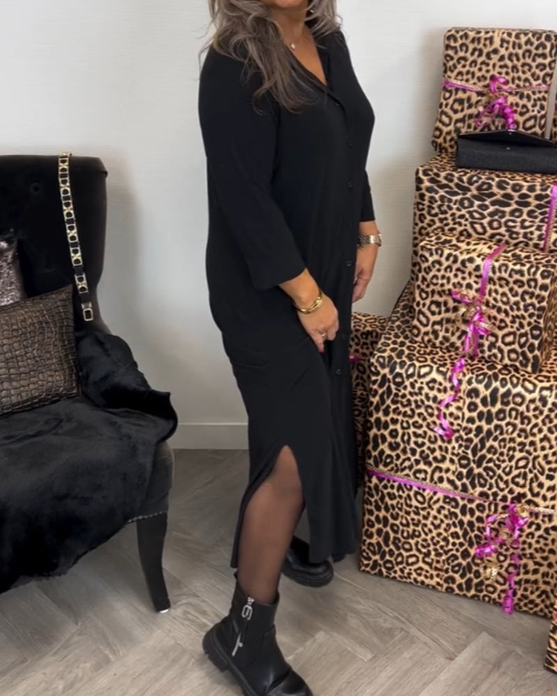 Buttoned V-neck solid color dress