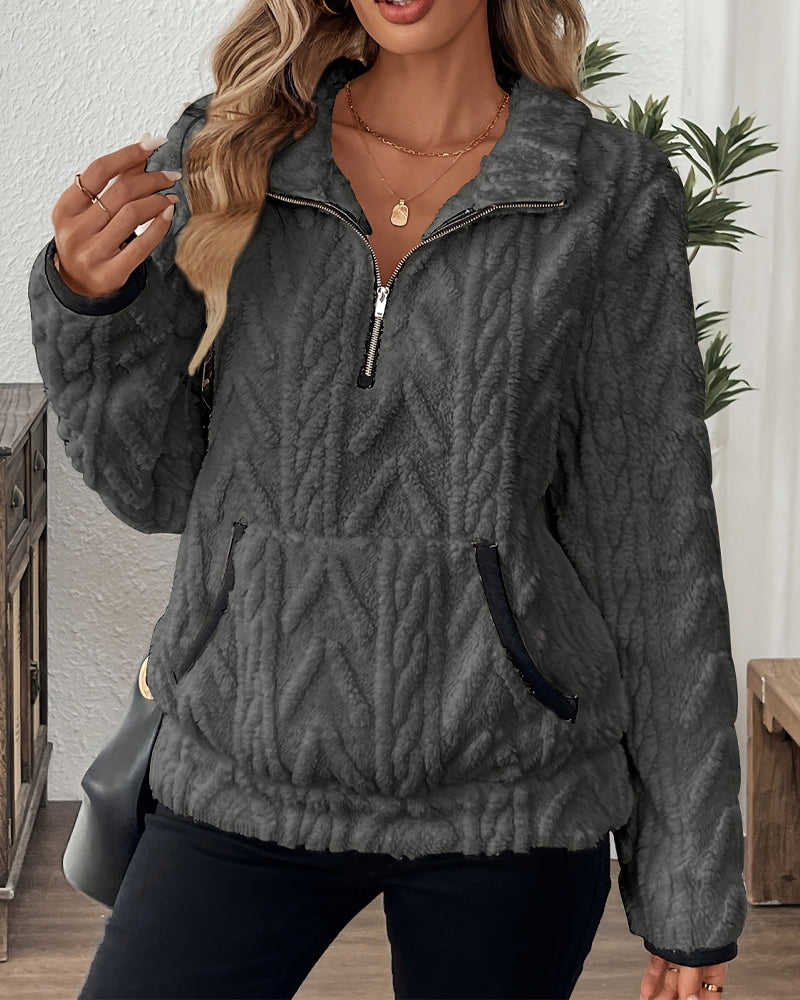 Lapel Zipper Front Fuzzy Sweatshirt