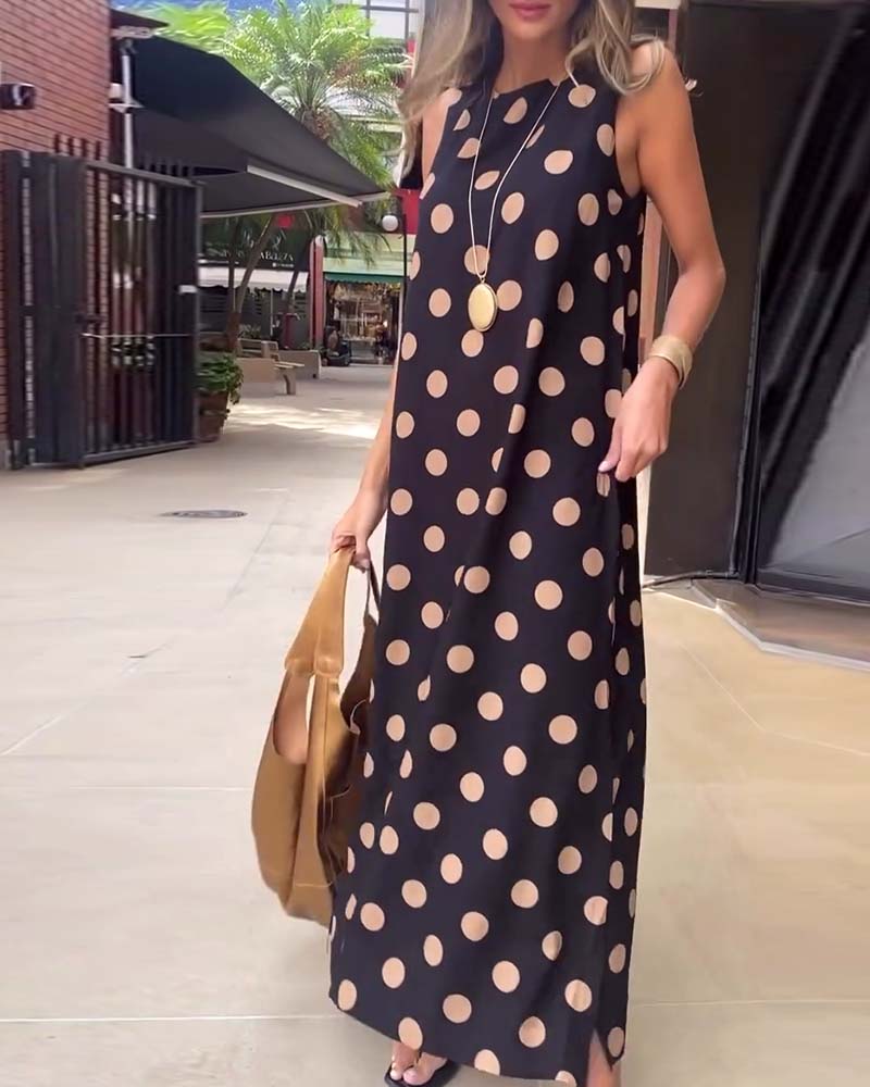 Sleeveless Polka Dot Slit Maxi Dress