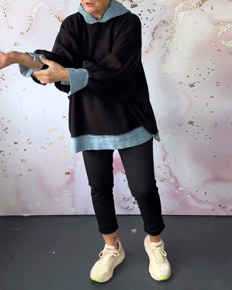 Casual contrast color lantern sleeve hoodie