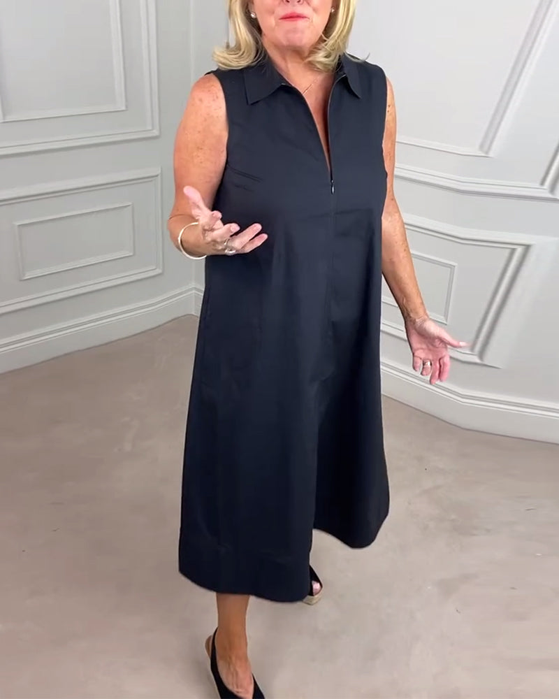 Solid color sleeveless lapel casual dress