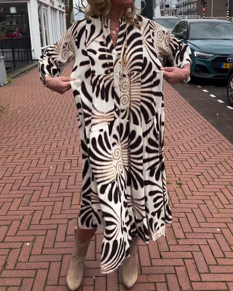 Printed  V neck Flare Sleeve  dress