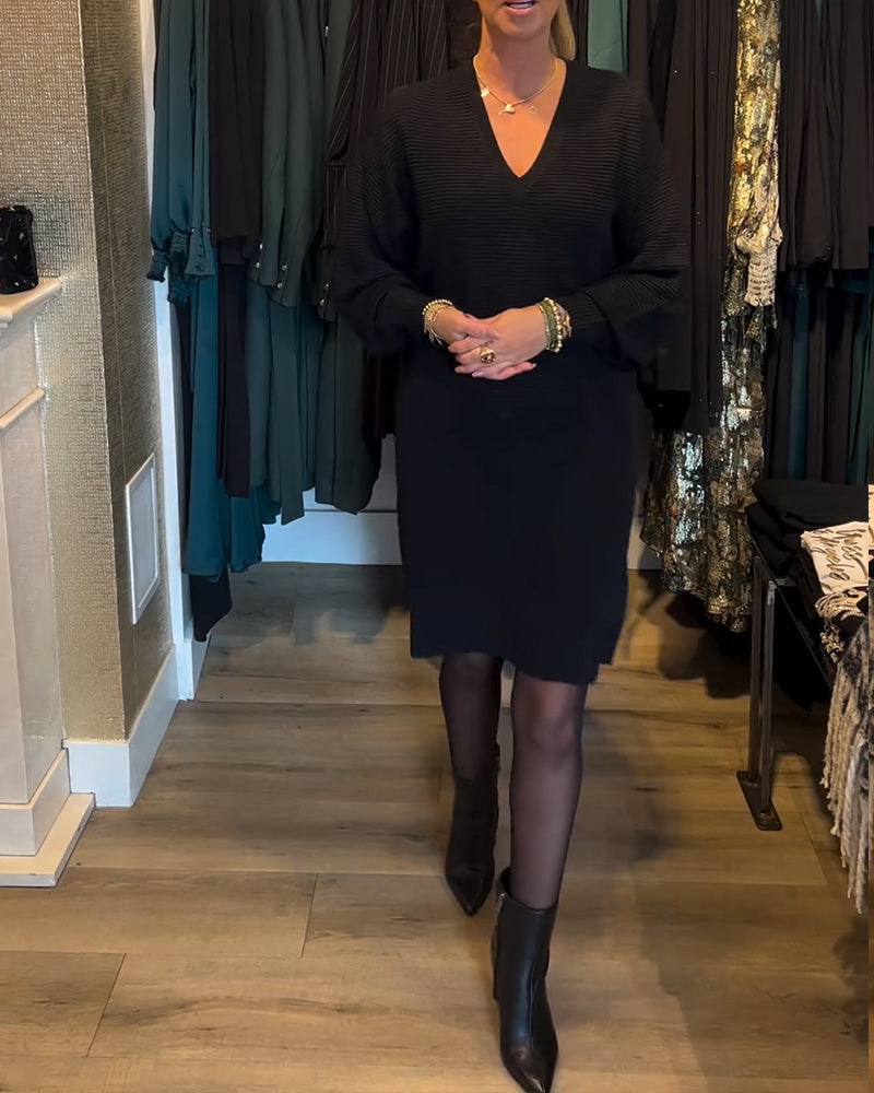 V-Neck Solid Color Sweater Dress