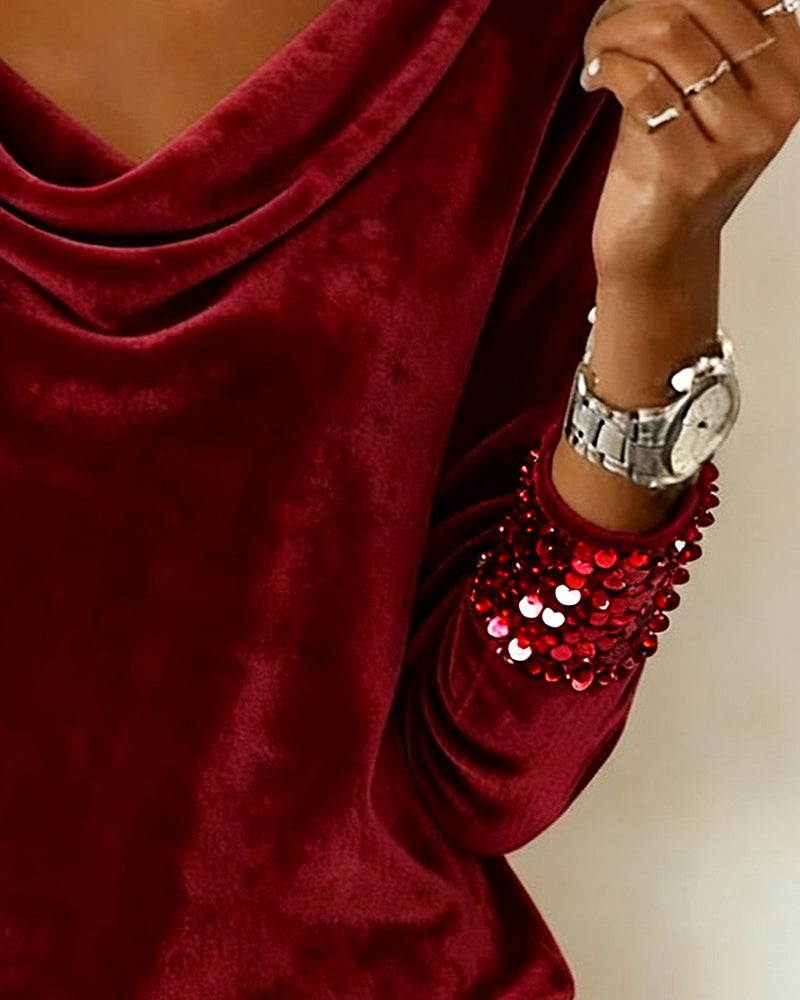 Draped Collar Velvet Sequin Top
