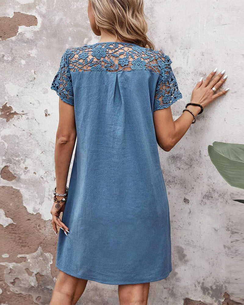 Solid color hollow lace short sleeve pocket dress