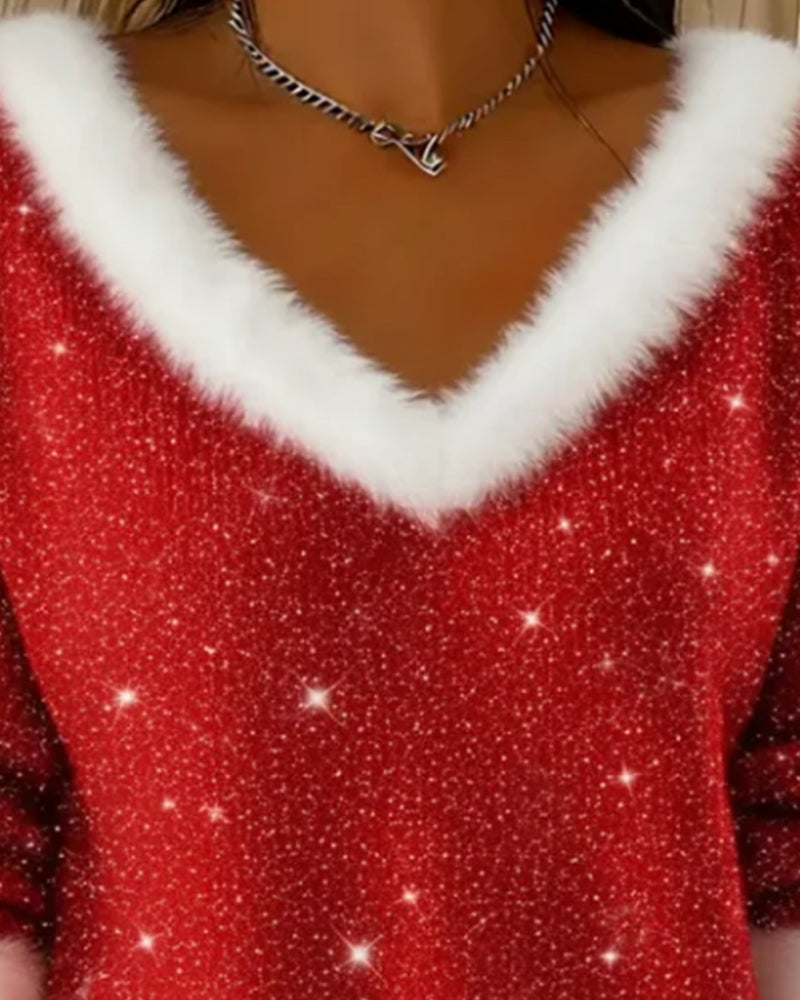 V Fur Collar Shiny Fashionable Jumper