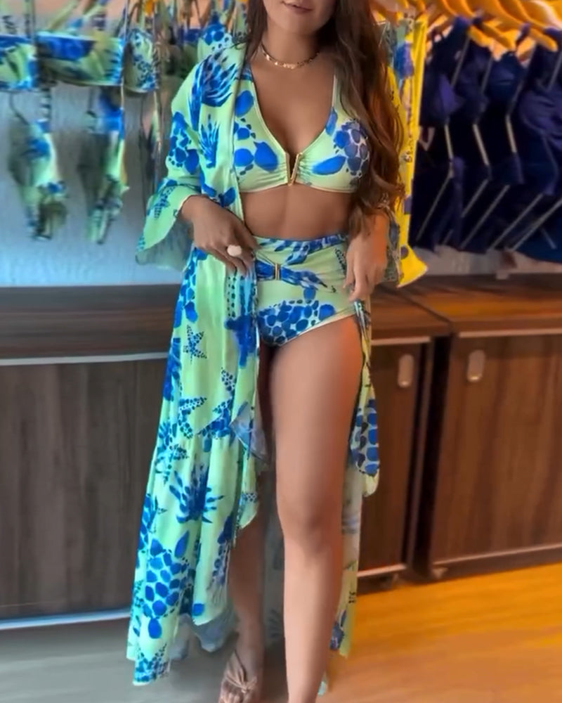 Holiday Printed Flared Sleeves Swimsuit