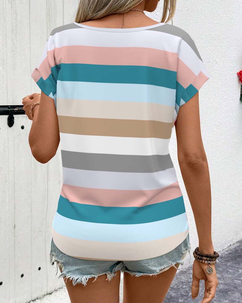 Round Neck Striped Plaid T-Shirt