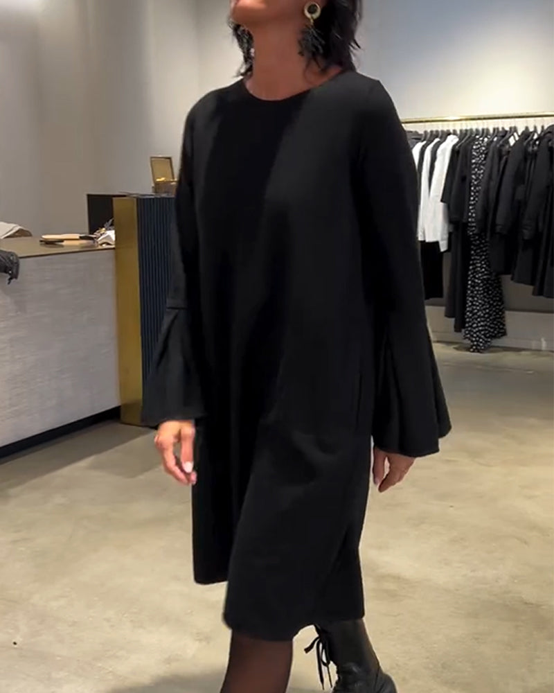 Solid Flare Sleeve Shirred Dress