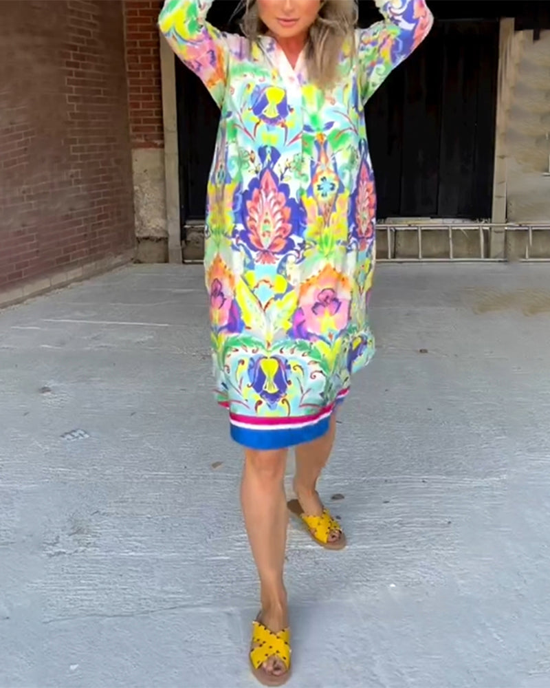 Printed Loose V-Neck Dress