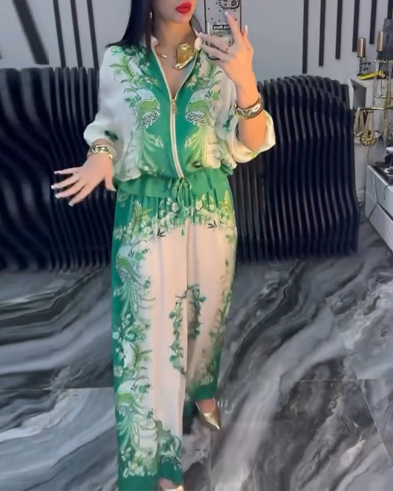 Temperament Stand Collar Zipper Wide Leg Suit