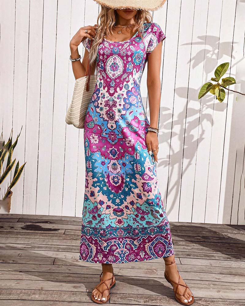 Colorful printed casual dress with slits