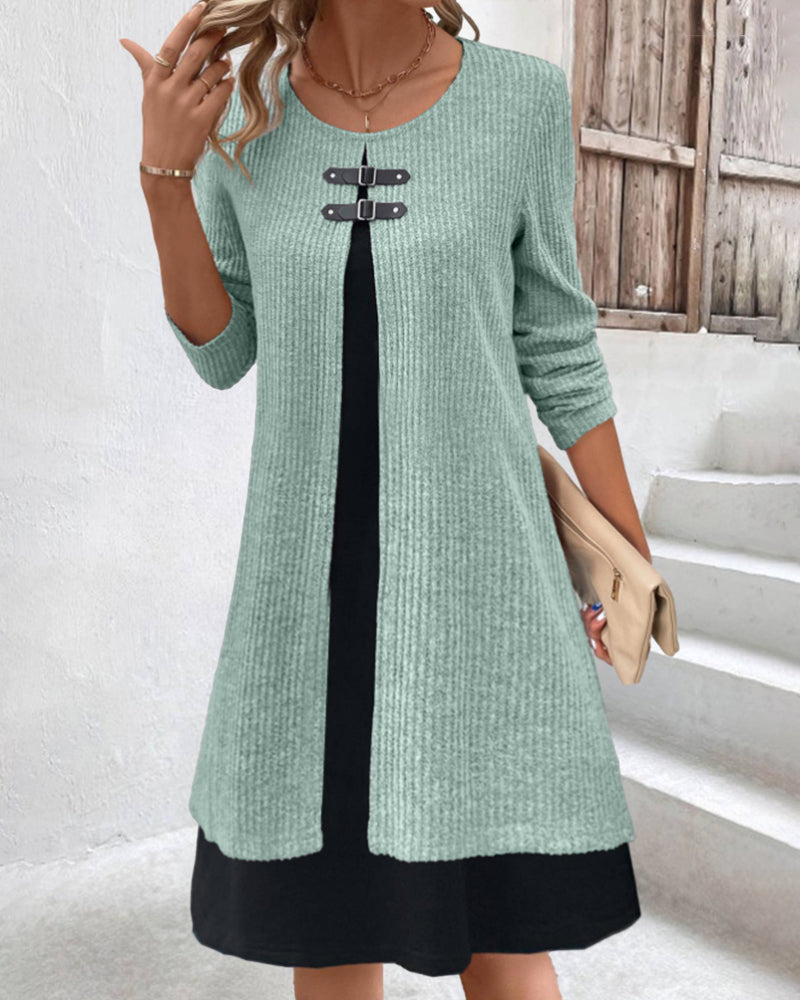 Patchwork rib long sleeve dress