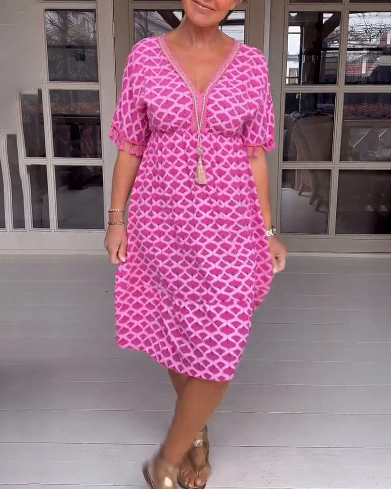 Printed v-neck fringed dress